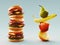 Eating lifestyle comparison between junk food and fruits, 3d rendering