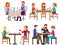 Eating people set. Couple friends family children and businessman sitting in restaurant cafe or bar isolated. Cartoon