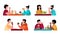 Eating people set of couple friends in restaurant vector illustration isolated.