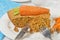 Eating a pice of Healthy Vegan Carrot Cake Loaf with Chopped spoon