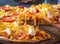 Eating pizza with chicken, corn, tomatoes and cheese double, han