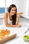 Eating Pizza. Woman Eating Italian Food. Fast Food Nutrition. Li