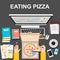 Eating pizza when working or studying illustration concept. Flat design.