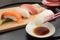 Eating Sea Bream Sushi with Chopsticks and Sake, Japanese Food