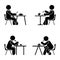 Eating and sitting vector pictogram. Stick figure black and white boy set symbol icon on white.