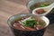 Eating Taiwanese traditional pig blood soup with pickled mustard greens