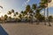 Eautiful landscape view of Miami South Beach. Buildings on one side and palm trees on another side.