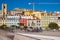 Eautiful view on Lisbon street and Casa dos Bicos at the Campo das Cebolas, with the bell tower of the Lisbon Cathedral