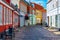 Ebeltoft, Denmark, June 16, 2022: Colorful street in Danish town