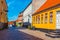 Ebeltoft, Denmark, June 16, 2022: Colorful street in Danish town