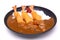 Ebi Fried Curry Rice , Deep Fried Prawn with Japanese Curry style on rice isolated on white background with clipping path