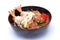 Ebi Katsudon Japanese deep fried prawn rice bowl isolated on w