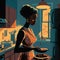 An ebony queen stands in her kitchen preparing a hearty meal for her family her hair pulled back and her jelry glinting