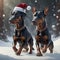 An ecard of two Doberman dogs being frolic in the snow.