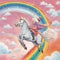 Eccentric elderly woman riding unicorn across rainbow sky, grandma& x27;s birthday