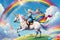 Eccentric elderly woman riding unicorn across rainbow sky, grandma& x27;s birthday