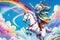 Eccentric elderly woman riding unicorn across rainbow sky, grandma's birthday