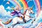 Eccentric elderly woman riding unicorn across rainbow sky, grandma& x27;s birthday