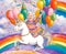 Eccentric elderly woman riding unicorn across rainbow sky, grandma's birthday