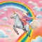 Eccentric elderly woman riding unicorn across rainbow sky, grandma's birthday