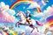 Eccentric elderly woman riding unicorn across rainbow sky, grandma's birthday