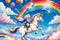 Eccentric elderly woman riding unicorn across rainbow sky, grandma's birthday