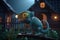 Eccentric photorealistic cartoon chameleon with crazy gaze in front of blurred spooky house at night