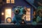 Eccentric photorealistic cartoon chameleon with crazy gaze in front of blurred spooky house at night