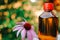 echinacea purpurea extract.Echinacea tincture.Herbal tinctures.Glass bottle and echinacea flower on blurred garden