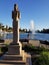 Echo Park Lake Statue Fountain morning Los Angeles California LA Clear blue sky