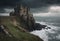 Echoes of Majesty: Ruined Castle on a Cliff Overlooking the Sea with Crashing Waves