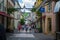 Echternach, Luxembourg; 08/11/2018: Narrow street in old town of Echternach, in Luxembourg, Europe. Typical houses with flags and