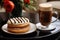 eclair and cappuccino coffee on coffee table. ai generated