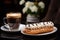 eclair and cappuccino coffee on coffee table. ai generated