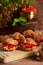 Eclairs custard cakes shu, profiteroles with strawberries on a dark background. Still life.