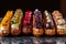 eclairs with various fillings lined up elegantly