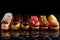 eclairs with various fillings lined up elegantly