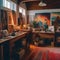 An eclectic artists studio filled with paintings, sculptures, and an array of colorful supplies3