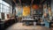 Eclectic artists studio with vibrant artwork and a variety of materials