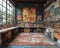 Eclectic artists studio with vibrant artwork and a variety of materialsup32K HD