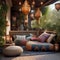 An eclectic Bohemian outdoor space with floor cushions, lanterns, and tapestries1