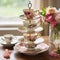 Eclectic Display of Vintage Tea Cups on Tiered Stands