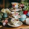 Eclectic Display of Vintage Tea Cups on Tiered Stands