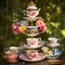 Eclectic Display of Vintage Tea Cups on Tiered Stands