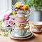 Eclectic Display of Vintage Tea Cups on Tiered Stands