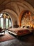Eclectic interior design of modern bedroom with arched wooden ceiling