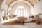 Eclectic interior design of modern bedroom with arched wooden ceiling. Created with generative AI