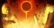 An eclipse of the yellow sun in a hot sky in the middle of the crazy ruins of hell, where fragments of Gothic-style buildings and