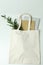 Eco bag with copybooks and twig on white background