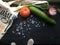 Eco bag with fresh vegetables and cats paws